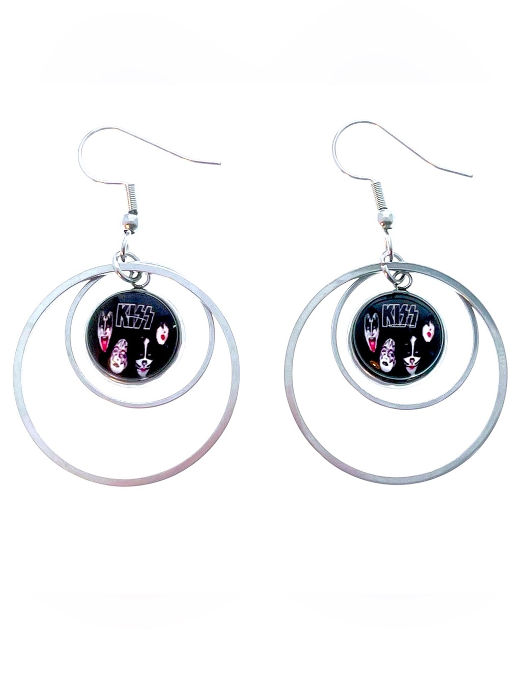 KISS Inspired Silver Hoop Dangle Earrings Classic Rock Music Hippie Boho Jewelry